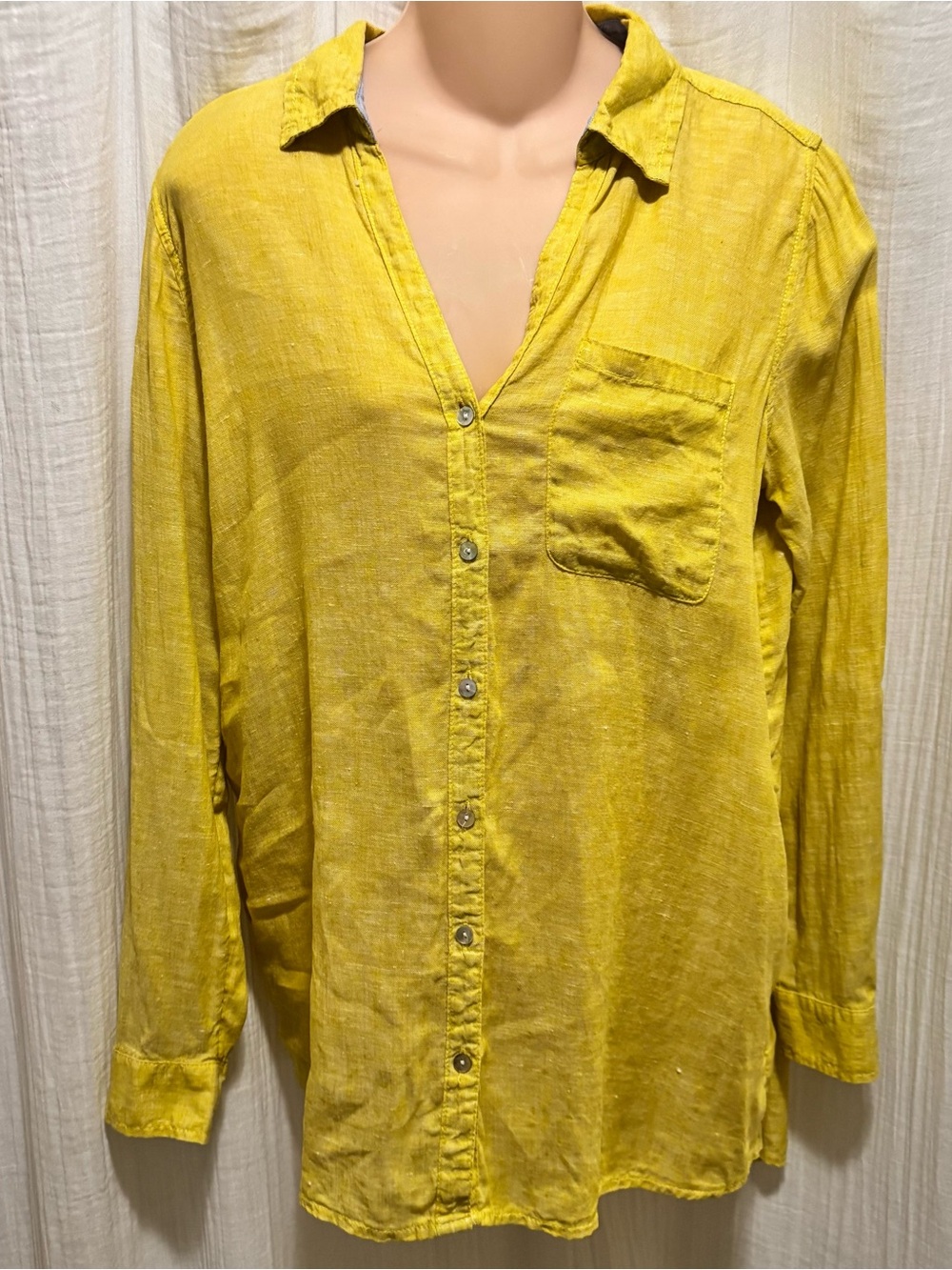 Sigrid Olsen Women's Yellow Linen Collared Long Sleeve Button-Up Shirt S